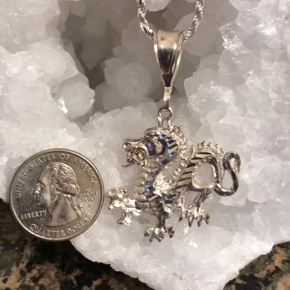 STERLING SILVER DRAGON PENDANT W/ROPE CHAIN NWT - Picture 4 of 5